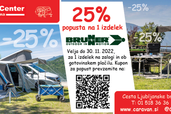 Caravan center nudi kupon za 25% popust na kamp opremo Brunner